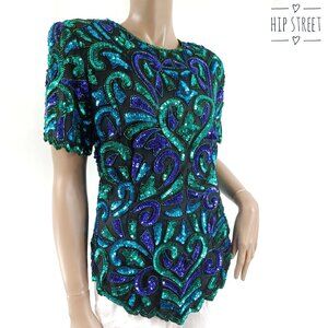 STENAY Vintage Short Sleeve Green & Purple Sequin on Silk Party Blouse 1X NOS